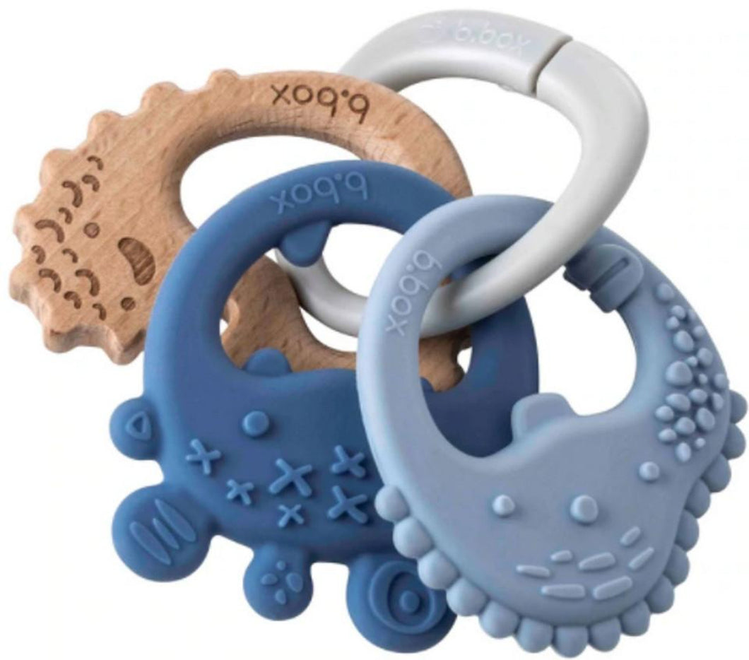 b.box Trio Teether Silicone and Beechwood Teething Ring - Color Marine Blue