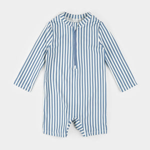 Petite Lem Boys Blue Striped Swim UPF 50+ Romper: Size 0/3M to 18/24M