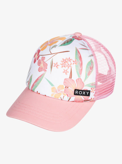 Roxy “Honey Coconut” Pale Pink Tropical Floral Print Trucker Hat: Youth/Adult One Size