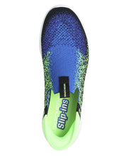 Load image into Gallery viewer, Skechers “Brisk Spec” Stretch Slip on Sneakers in Blue/Lime: Size 1 to 6
