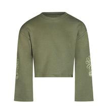 Load image into Gallery viewer, Army Green Cropped Long Sleeved Shirt with Daisy Details: Size 4 to 12 Years
