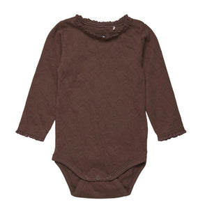 Fixoni Baby Girl Embossed Organic Cotton Ruffled Neckline Onesie in Chocolate: Size 0M to 18M