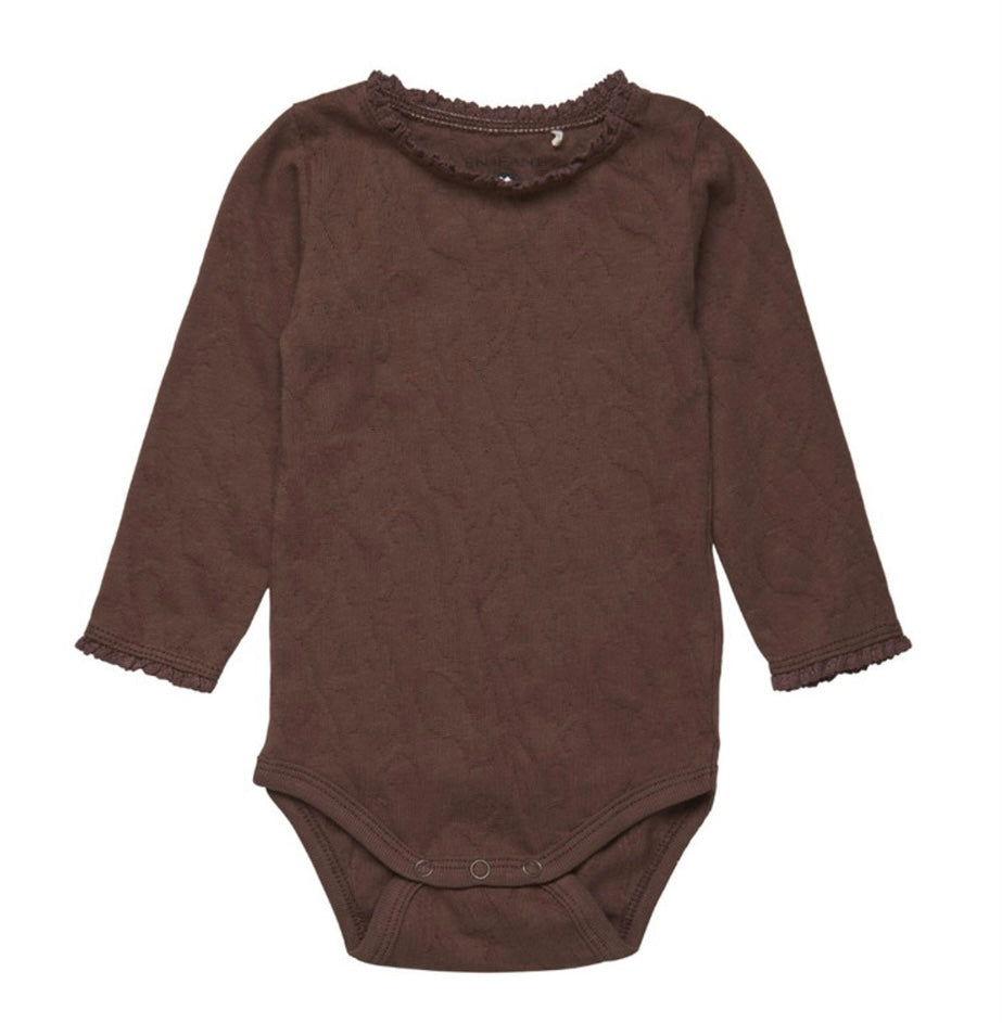 Fixoni Baby Girl Embossed Organic Cotton Ruffled Neckline Onesie in Chocolate: Size 0M to 18M
