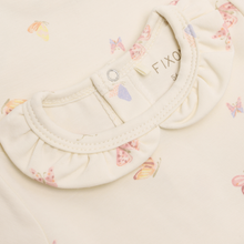 Load image into Gallery viewer, Fixoni Baby Girl Organic Cotton Ruffled Collar Long Sleeved Onesie in Butterfly Print: Size 0M to 12M
