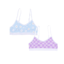 Load image into Gallery viewer, Nano Girls 2 Pack Bralette Purple Check/Blue Daisy Print: Size 8/10 to 14/16
