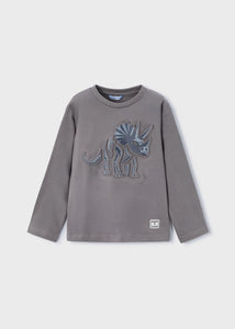 Mayoral Boys Long Sleeved Shirt with Embossed Dino on Grey: Sizes 2 to 9