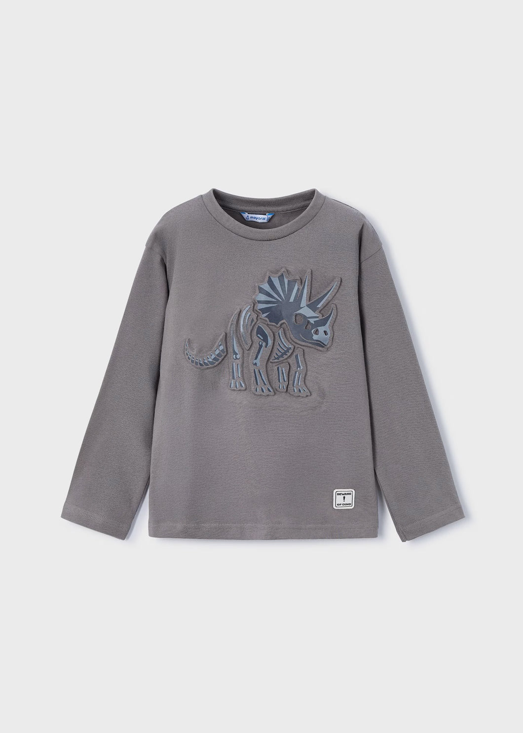 Mayoral Boys Long Sleeved Shirt with Embossed Dino on Grey: Sizes 2 to 9