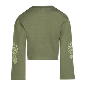 Army Green Cropped Long Sleeved Shirt with Daisy Details: Size 4 to 12 Years