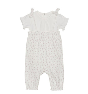 Fixoni Baby Girl Organic Ribbed Cotton Overalls in Botanical Print on White: Size 0M to 12M