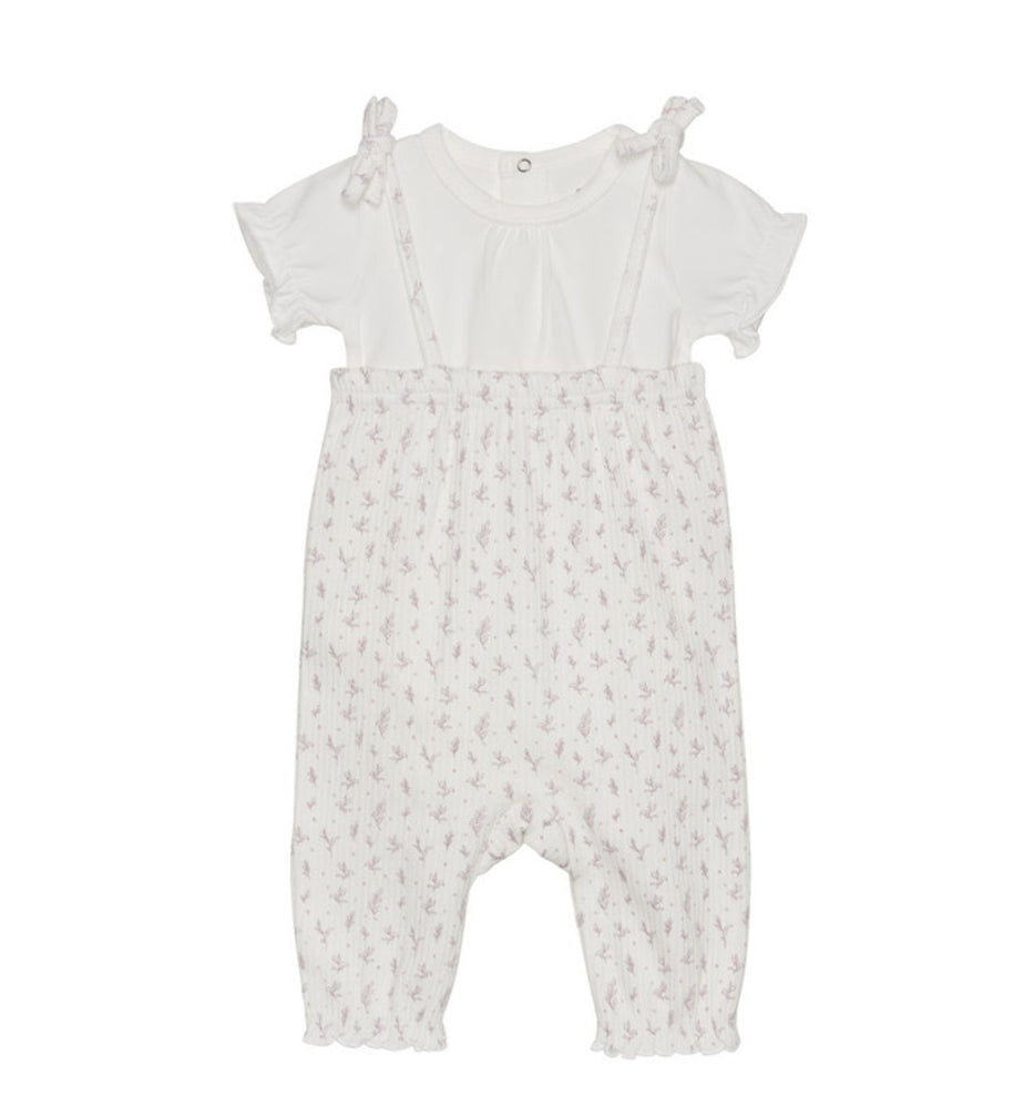 Fixoni Baby Girl Organic Ribbed Cotton Overalls in Botanical Print on White: Size 0M to 12M
