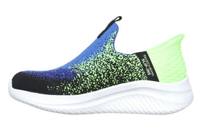 Skechers “Brisk Spec” Stretch Slip on Sneakers in Blue/Lime: Size 1 to 6