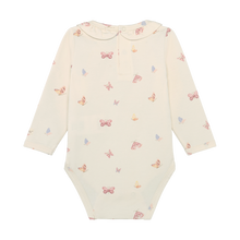 Load image into Gallery viewer, Fixoni Baby Girl Organic Cotton Ruffled Collar Long Sleeved Onesie in Butterfly Print: Size 0M to 12M
