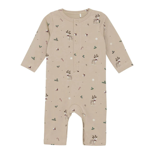 Fixoni Organic Cotton Long Sleeved Romper in Beige With Reindeer Print: Size 0M to 9M