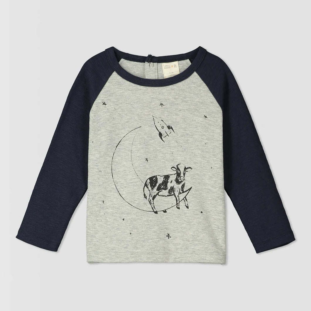 Ettie & H Long Sleeve Raglan Tee with Cow/Moon Graphic: Size 2 to 7 Years