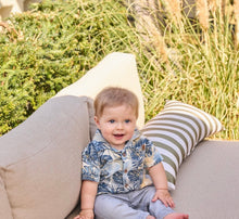 Load image into Gallery viewer, Button Down Shirt with Blue Palms Print: Size 6/9M to 6 Years
