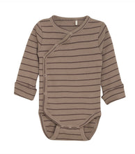 Load image into Gallery viewer, Fixoni Organic Cotton Long Sleeved Onesie in Mocha Stripes: Size 0M to 18M

