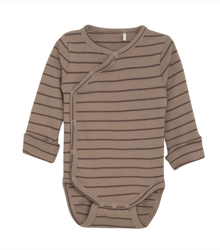 Fixoni Organic Cotton Long Sleeved Onesie in Mocha Stripes: Size 0M to 18M