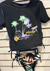 Mandarine & Co Black Luau Paradise 2 Piece Rashguard Swim Set: Size 7 to 14 Years