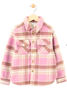 Pink/Tan Plaid Sherpa Lined Shacket: Size 2/3 to 13/14