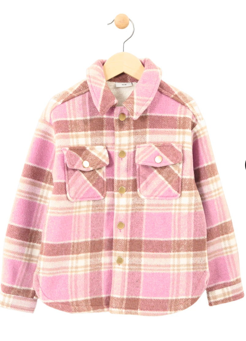 Pink/Tan Plaid Sherpa Lined Shacket: Size 2/3 to 13/14