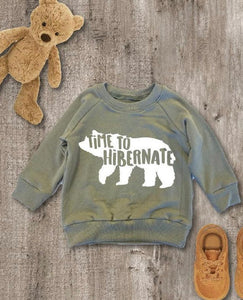 Portage and Main “Time to Hibernate” Sweatshirt in Olive Green: Size 1/2 to 7/8