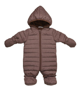 Fixoni Baby Puffer One Piece Lined Outdoor Romper in Brown: Size 6M to 18M