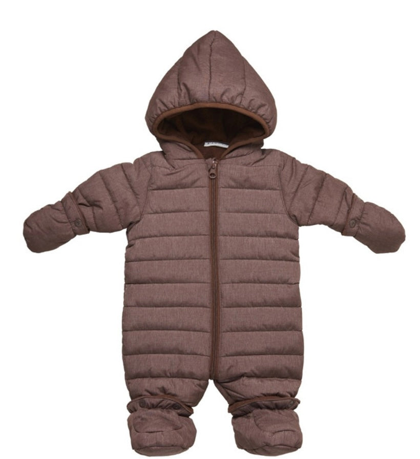 Fixoni Baby Puffer One Piece Lined Outdoor Romper in Brown: Size 6M to 18M