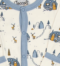 Load image into Gallery viewer, Coccoli Cotton-Modal Sleeper in Cream with Blue Camping Print: Size 1M to 12M (Copy)
