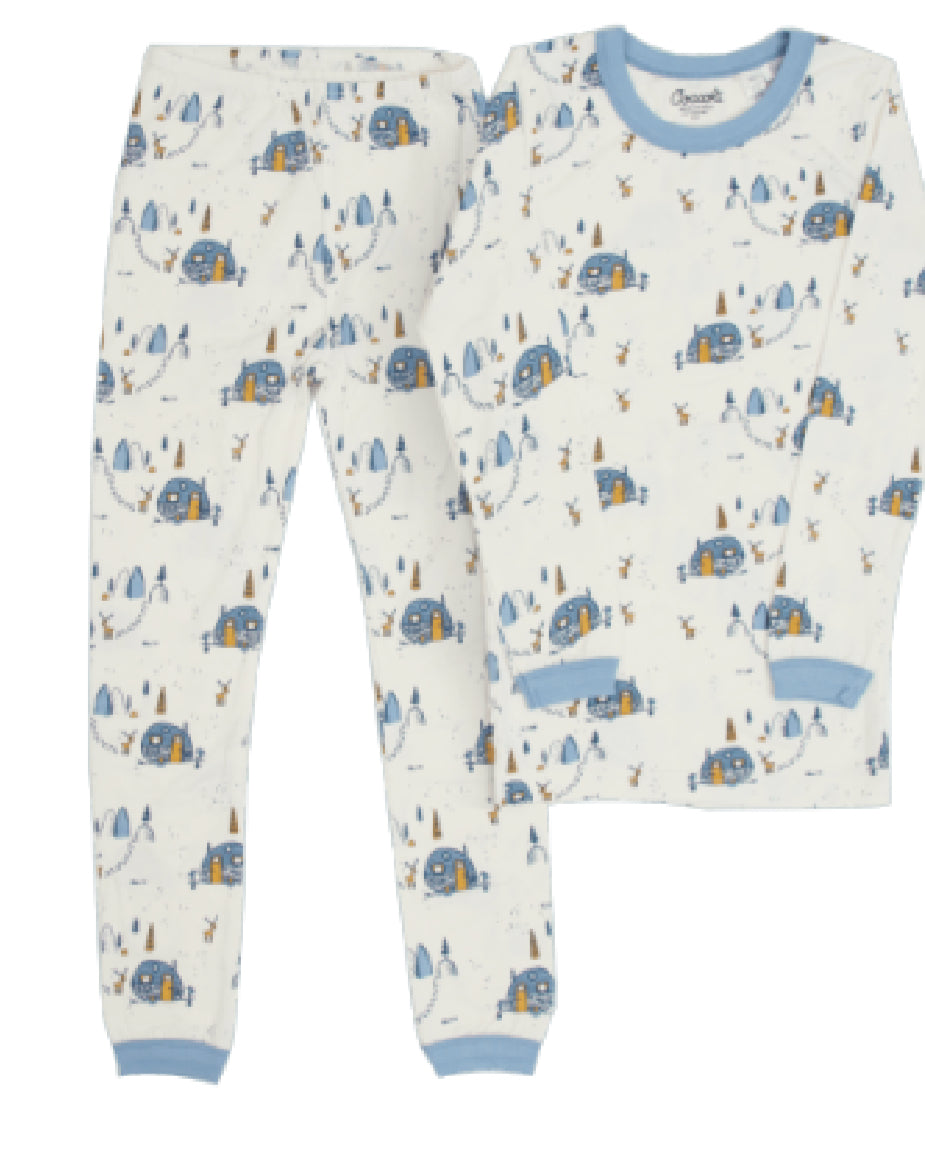 Coccoli Steel Blue Camping Print Pajamas: Size 3 to 8