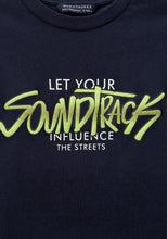 Load image into Gallery viewer, Nukutavake Boys Blue  “Musical with graffiti” T-Shirt: Size 8 to 18
