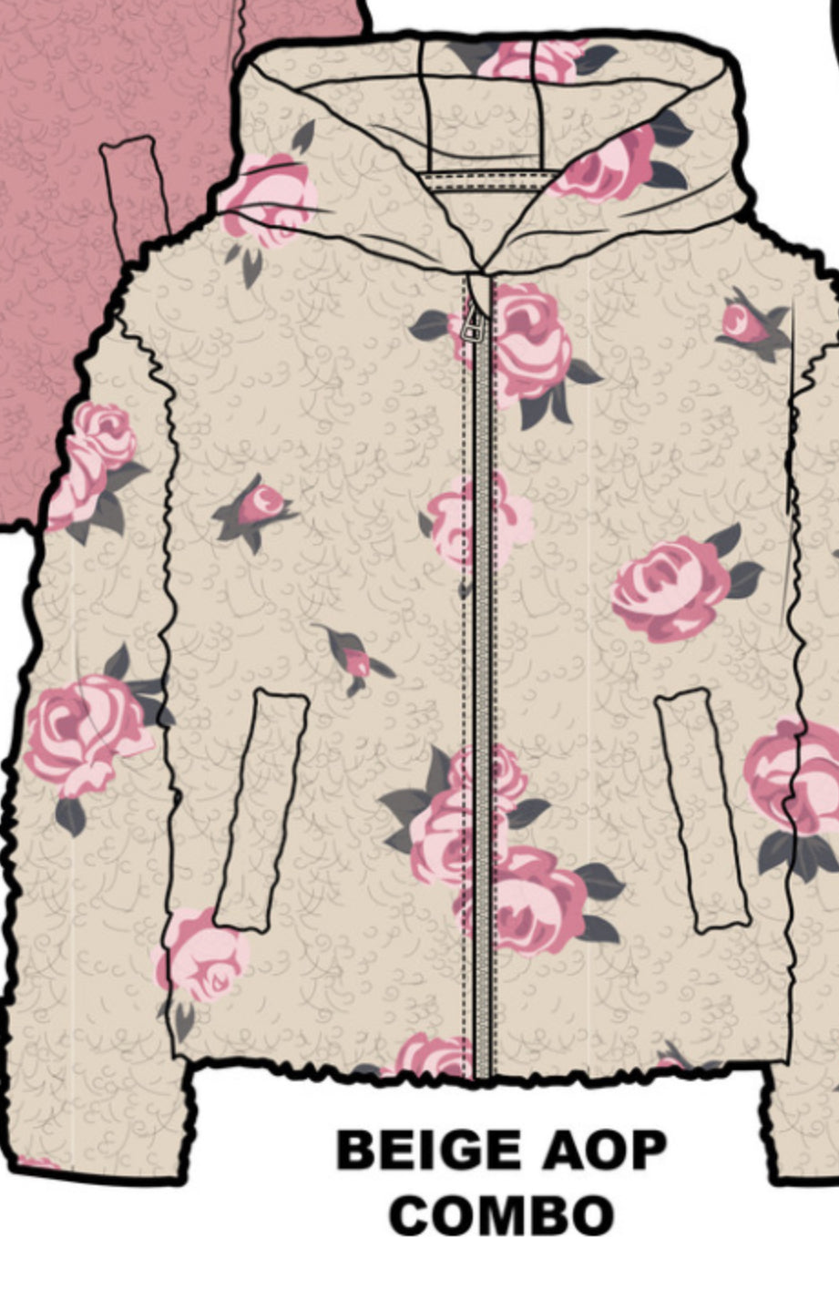 Cream with Pink Roses Print Sherpa Hooded Zip Up Jacket: Size 2/3 to 13/14