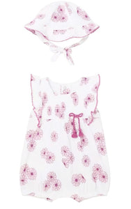 Mayoral Baby Girls White w/Pink Floral Print Cotton Summer Romper Set with Matching Sun Bonnet: Sizes 6M to 24M