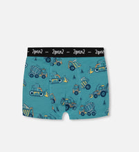 Load image into Gallery viewer, Deux Par Deux Organic Cotton Boxer Shorts Teal with Yellow Trucks: Size 2-12 Years
