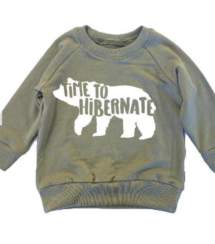 Portage and Main “Time to Hibernate” Sweatshirt in Olive Green: Size 1/2 to 7/8