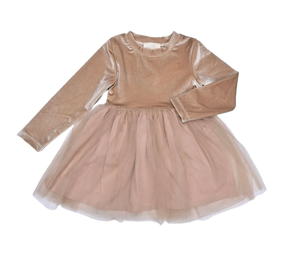 Vignette “Eva” Velvet Dress with Tulle Skirt in Gold: Size 0/3M to 5 Years