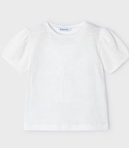 Mayoral Girls Cotton Tee with Crochet shoulder details: Sizes 2 to 8