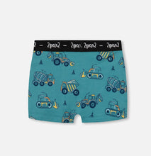 Load image into Gallery viewer, Deux Par Deux Organic Cotton Boxer Shorts Teal with Yellow Trucks: Size 2-12 Years
