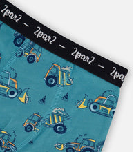 Load image into Gallery viewer, Deux Par Deux Organic Cotton Boxer Shorts Teal with Yellow Trucks: Size 2-12 Years
