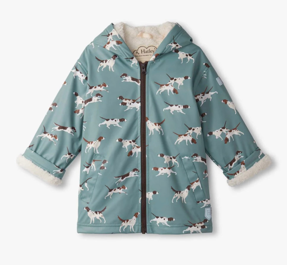 Hatley Boys On The Hunt Dog Print  Lined Zip-Up Rain Jacket: Size 3-7 years