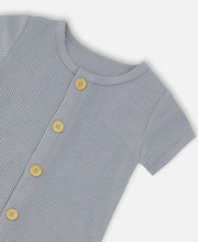 Load image into Gallery viewer, Deux Par Deux Waffle Cotton Short Sleeved  Blue/Grey Long Romper: 3m to 24m
