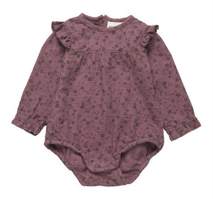 Enfant Baby Girl Organic Cotton Ruffled Long Sleeved Romper in Elderberry: Size 0M to 18M