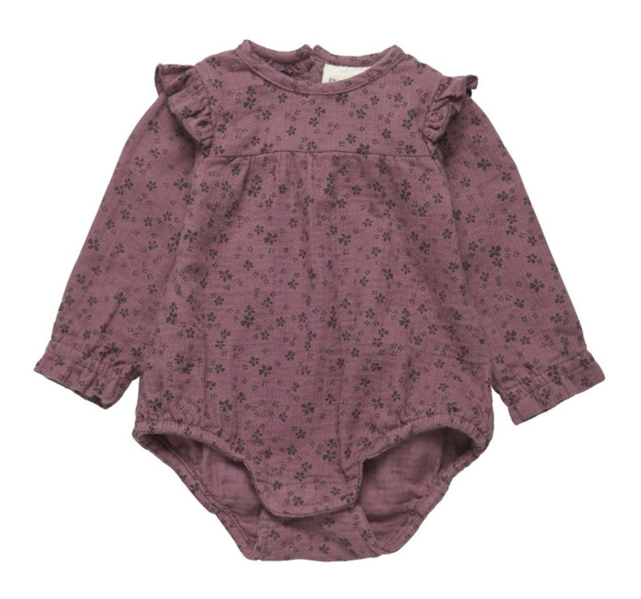 Enfant Baby Girl Organic Cotton Ruffled Long Sleeved Romper in Elderberry: Size 0M to 18M