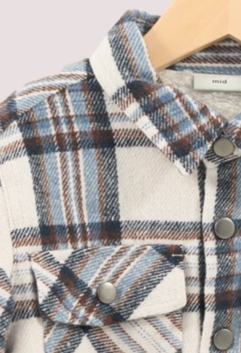 Blue and Cream Plaid Sherpa Lined Shacket: Size 12M to 13/14