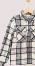 Load image into Gallery viewer, Blue and Cream Plaid Sherpa Lined Shacket: Size 12M to 13/14
