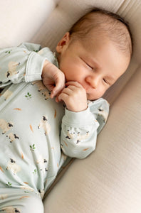 Coccoli Cotton-Modal Zipper Sleeper in Baby Lambs Print: Size NB to 18M