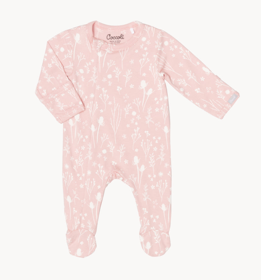 Coccoli Cotton-Modal Zipper Sleeper in Pink Botanical: Size NB to 18M