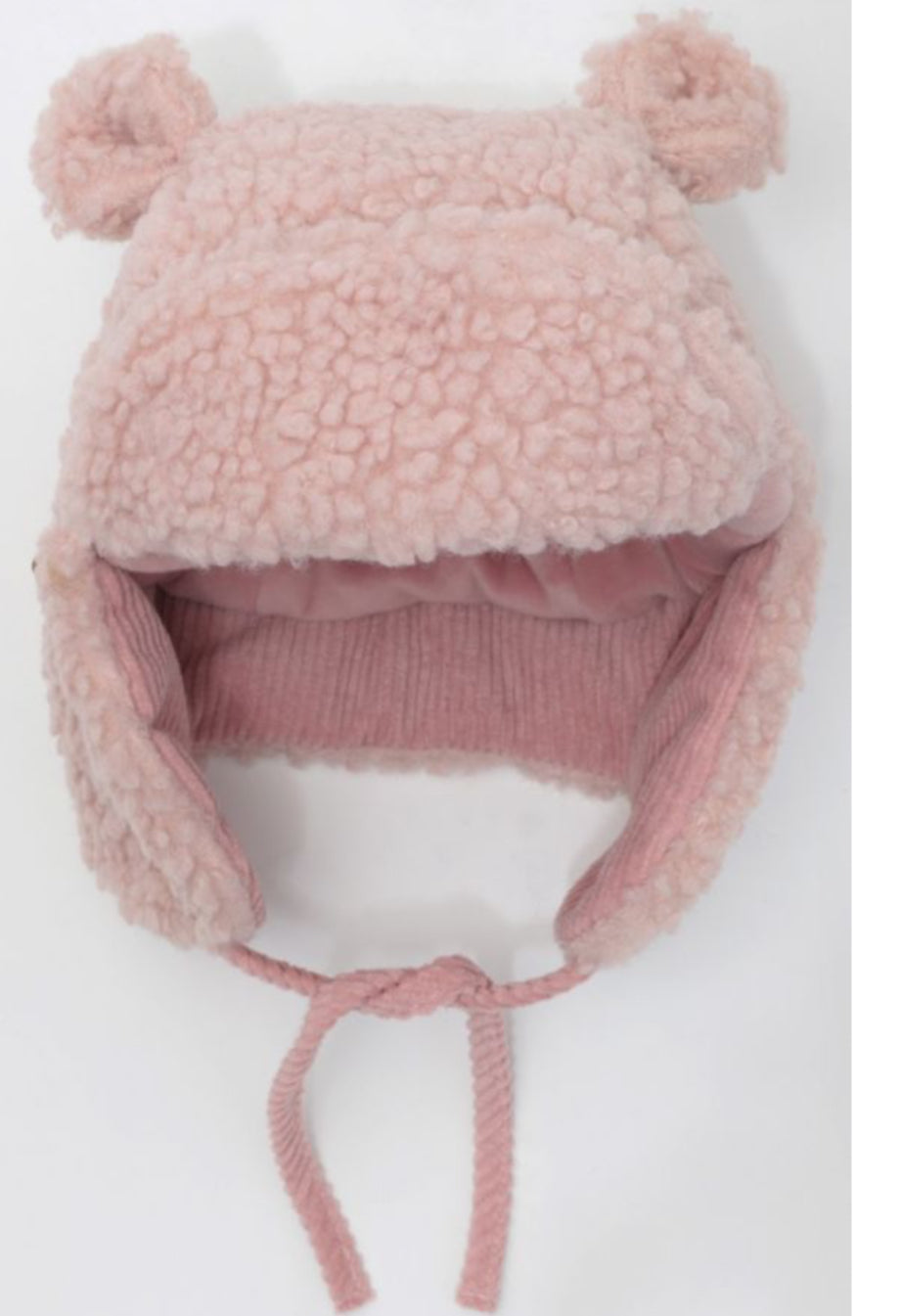 Calikids Baby “Aviator” Sherpa Hat with Corduroy and Velvet Lining in Pale Pink