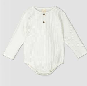 Ettie & H Soft Ribbed Cotton Henley Onesies in White: 0/3M to 18/24M
