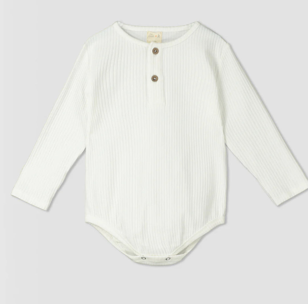 Ettie & H Soft Ribbed Cotton Henley Onesies in White: 0/3M to 18/24M