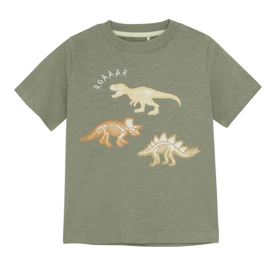 Minymo Boys Organic Cotton Short Sleeved Shirt in “Dino Roar” Print : Size 24M  to 12 Years